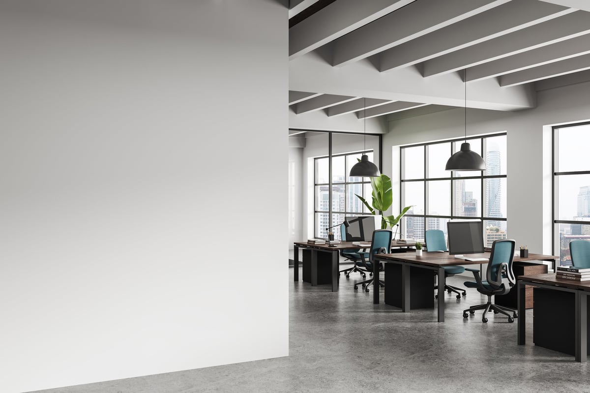 Contemporary office interior with clean empty wall for poster mockup, realistic style, modern workspace background