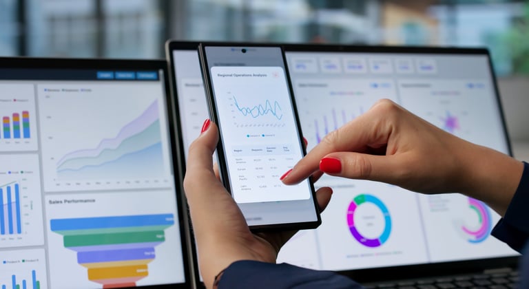 Young Financial Analyst Studies KPI Dashboard On Smartphone In Office.