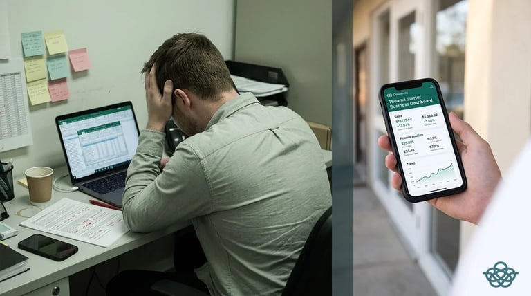 Man stressed at desk with laptop, split screen showing mobile app display of data analytics dashboard