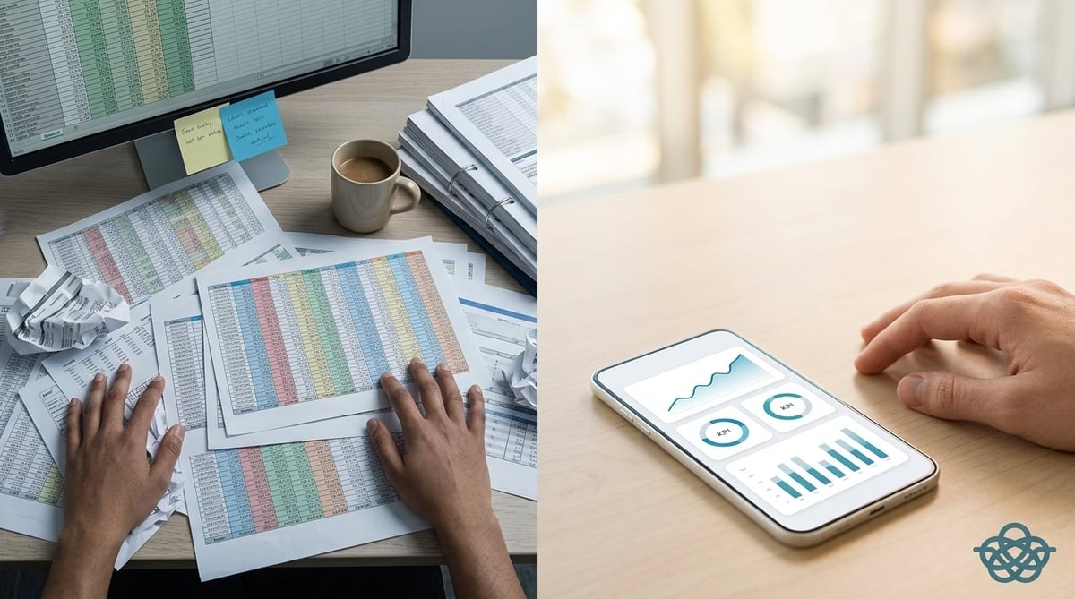 Composite image showing data analysis: left side displays hands reviewing colorful spreadsheets at a desk with monitor and coffee, right side shows smartphone displaying business charts and graphs