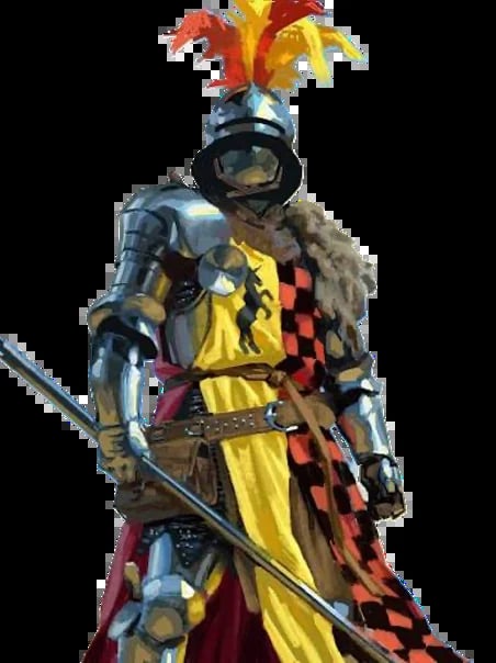 Medieval knight in full armor holding a lance, wearing a colorful heraldic tunic with yellow and red checked pattern