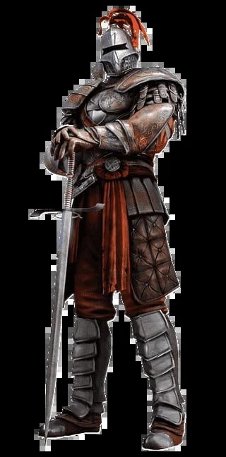 Medieval knight in full armor with red and brown accents, holding a sword, standing against a black background