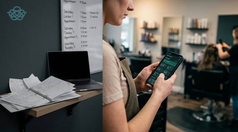 Person holding a mobile phone in a salon with menu board, laptop, and receipts visible on desk in background