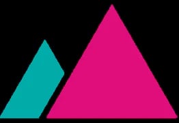 Two geometric triangles on black background: a small teal triangle on the left and a large magenta triangle on the right