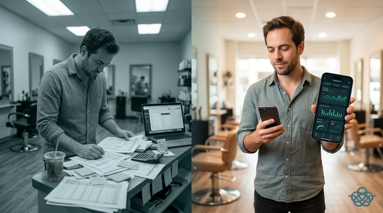 Two split-screen images of a man working in an office and salon environment, one reviewing papers with a laptop, the other displaying mobile analytics on his phone