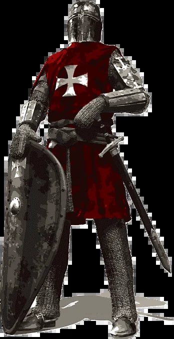Medieval knight in full armor wearing red surcoat with white cross, holding sword and shield