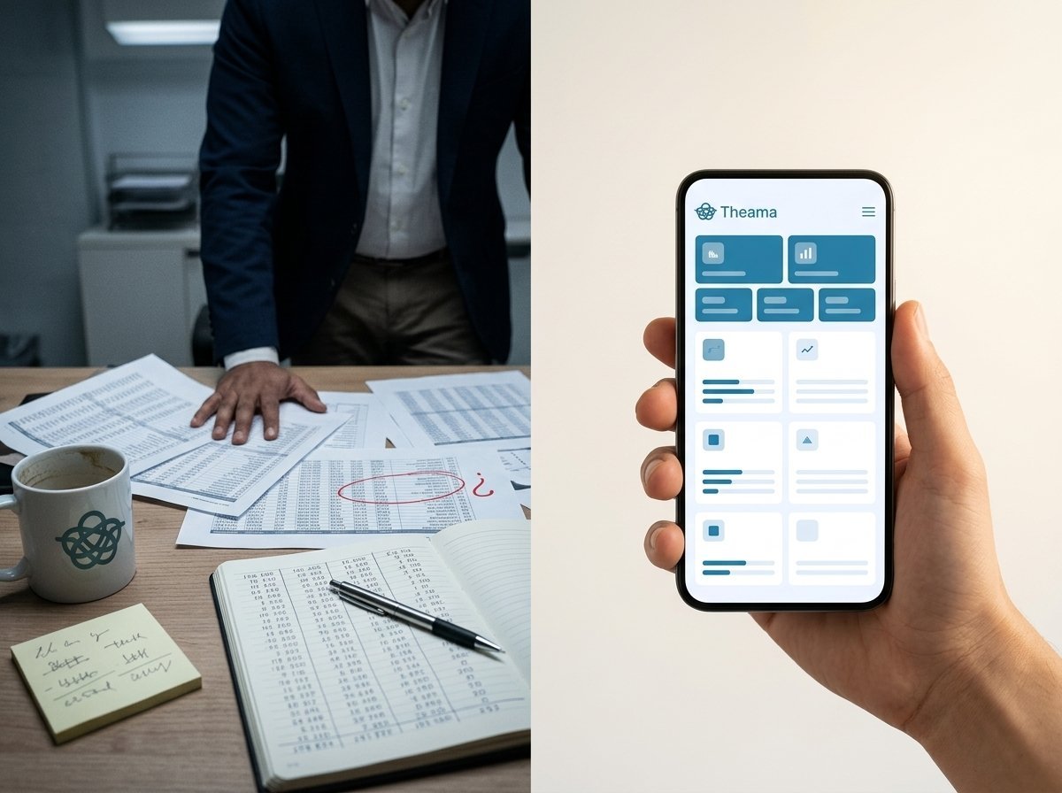 Split image showing a businessman at a desk with documents and coffee, and a hand holding a smartphone displaying a Theama app interface