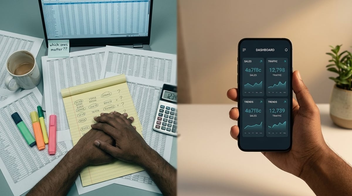 Split image showing financial analysis on left with hand on documents and right with person holding phone displaying stock market dashboard